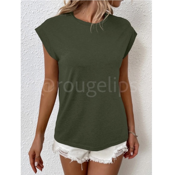 Army Green Crew Neck Muscle Tee Top Shirt Cap Sleeve, Round Neck - Picture 6 of 11